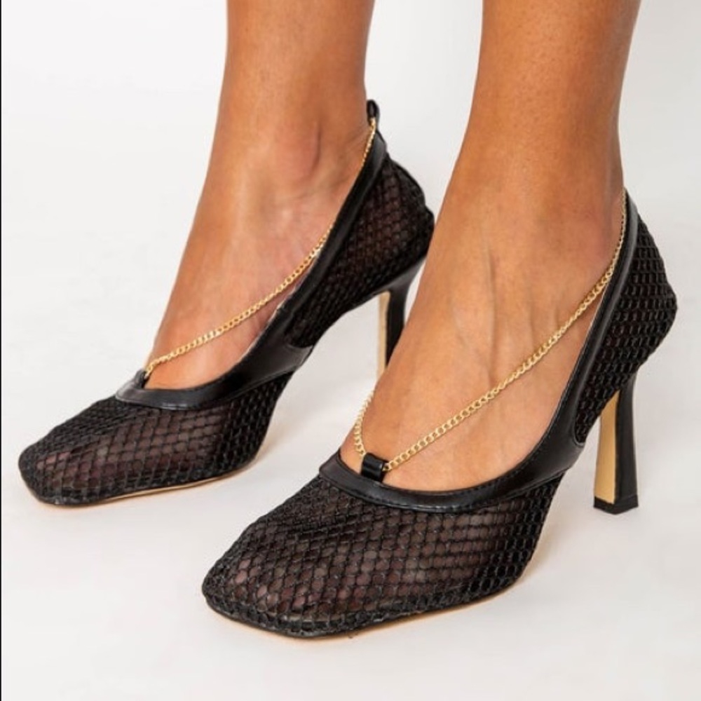 Tia Chain Mesh Heels in Black Matte Vegan Leather